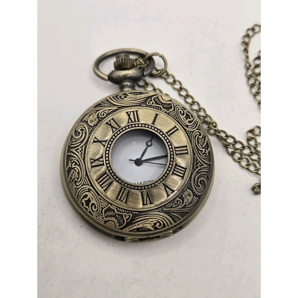 Vintage Style Bronze Tone Hunter Pocket  Watch With Chain. New Battery. Mint.